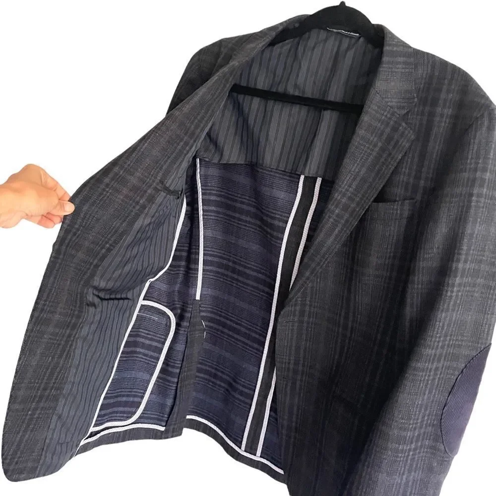 COPPLEY Wool Plaid Blazer Jacket Corduroy Elbow Patches Blue 42L
